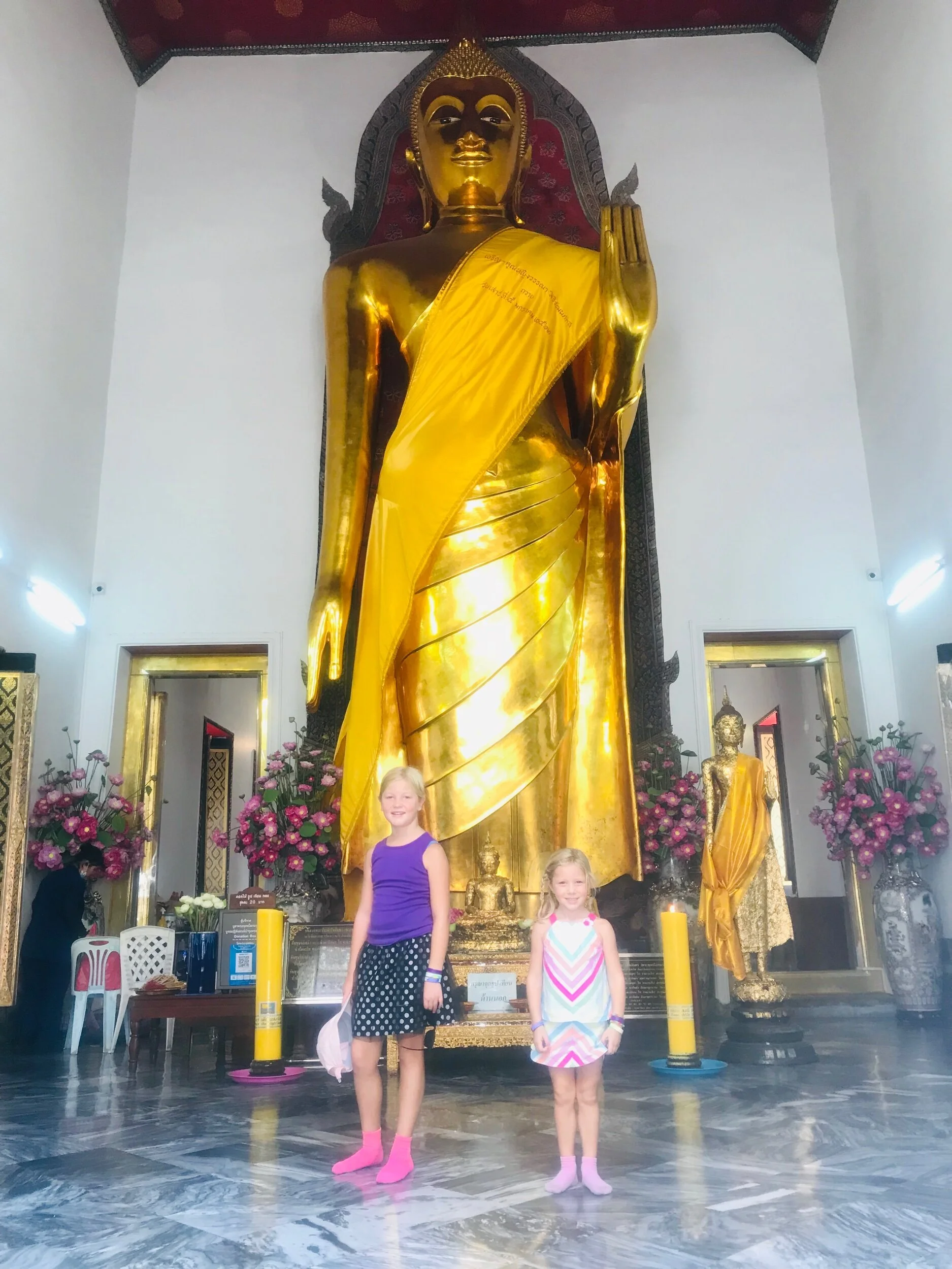 This is a image of one of the many famous poses that the Buddha normally is sculpted by. It normally has either one hand that is up and facing right in front of the Buddha or two hands that are up.