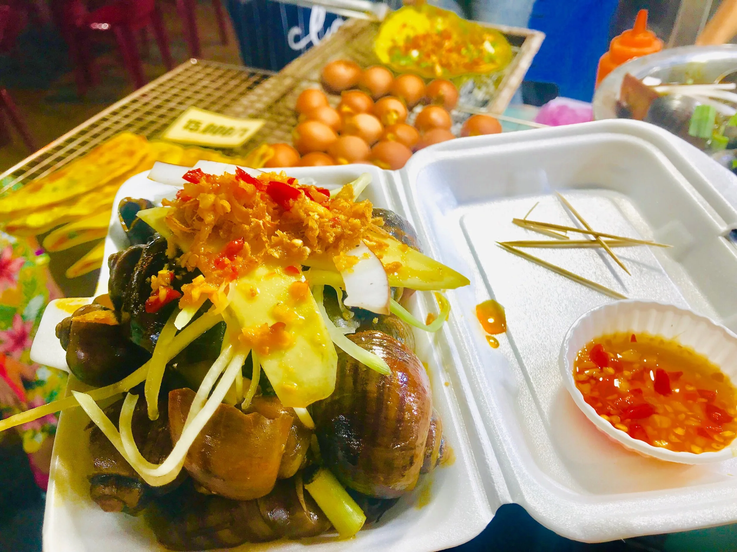 A plate of cooked snails and all the fixin’s from the night market in Danang, Vietnam.