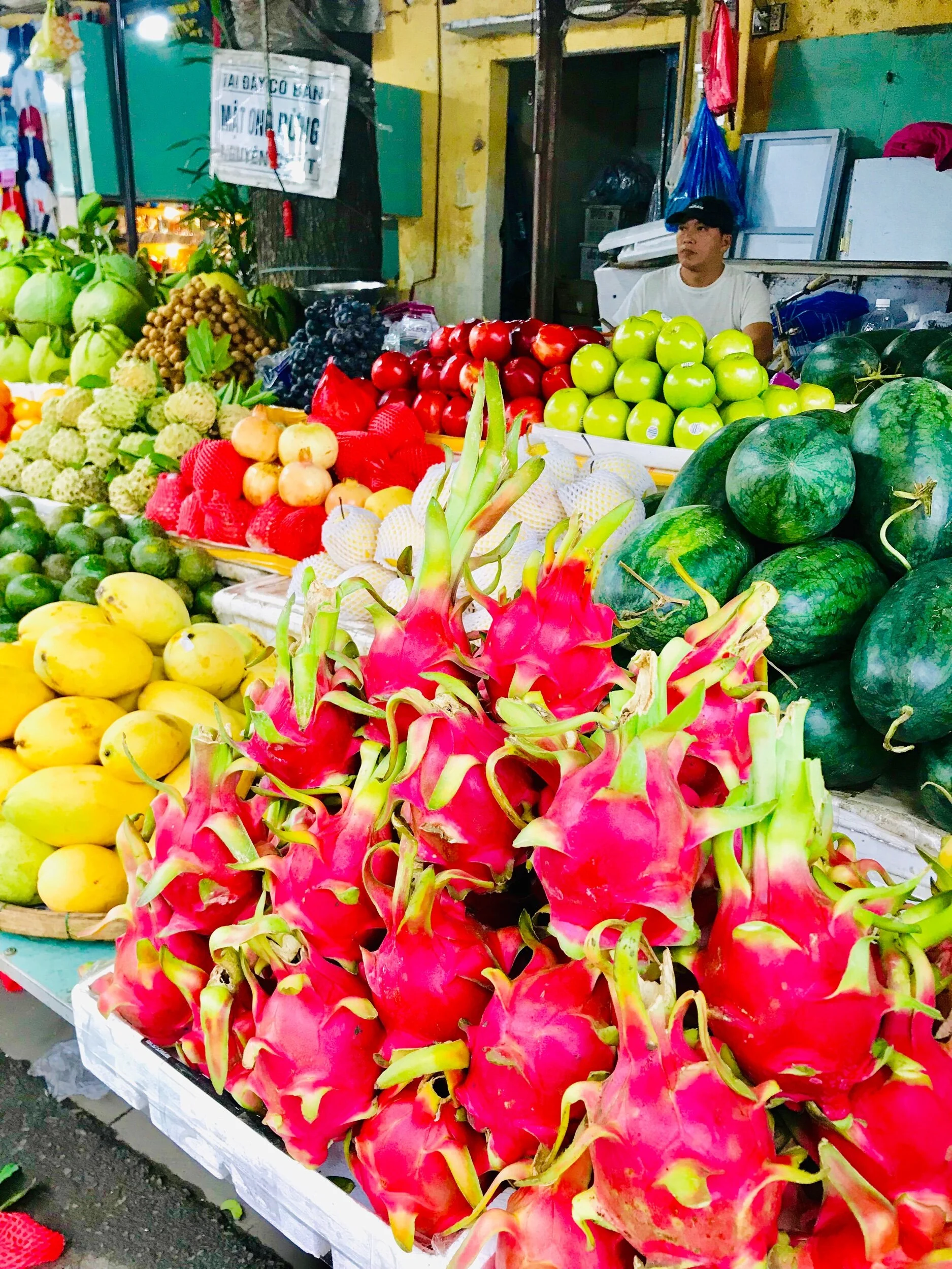 The local fruit markets were amazing and the fruit was delicious! Clockwise from the bottom right: dragonfruit, mangos, oranges, sweetsop, pomelos, (some sort of palm fruit), grapes, apples, and melons.