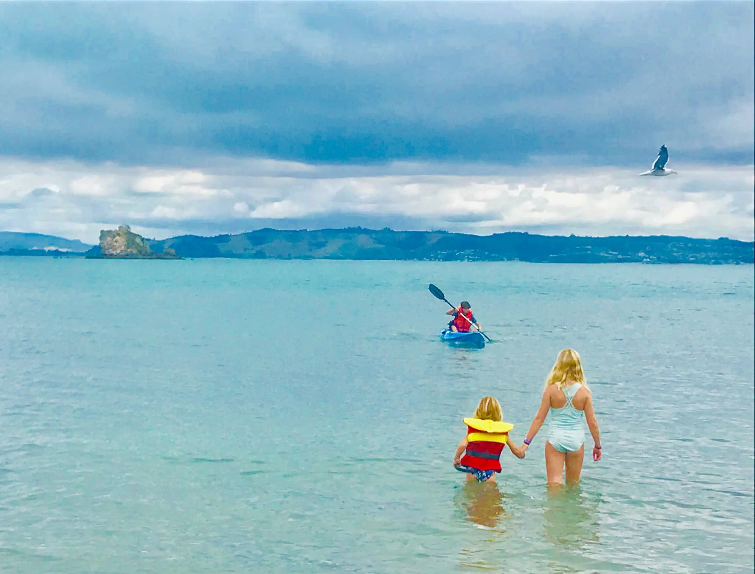 The is one of the beaches that was very beautiful and had clear water. You can see that Kaio was Kayaking and it was a very good spot for Kayaking. Madeline and I are starting to get used to the fridged water.
