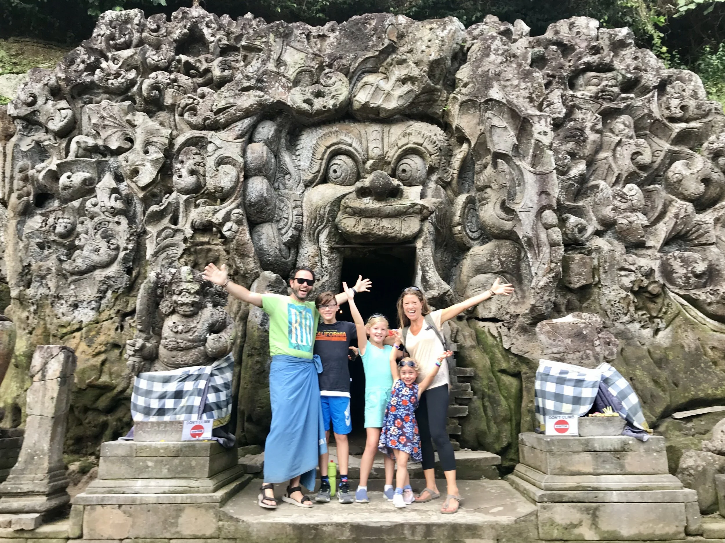 At the Elephant Cave in Bali (one of our few family photos together on the whole trip!)